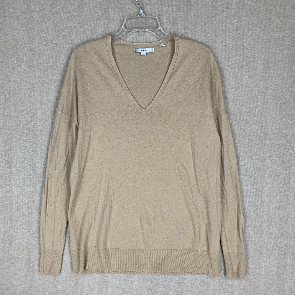 Vince Wool Sweater Women's M Brown Tan V Neck Long Sleeve Cashmere Blend Luxury